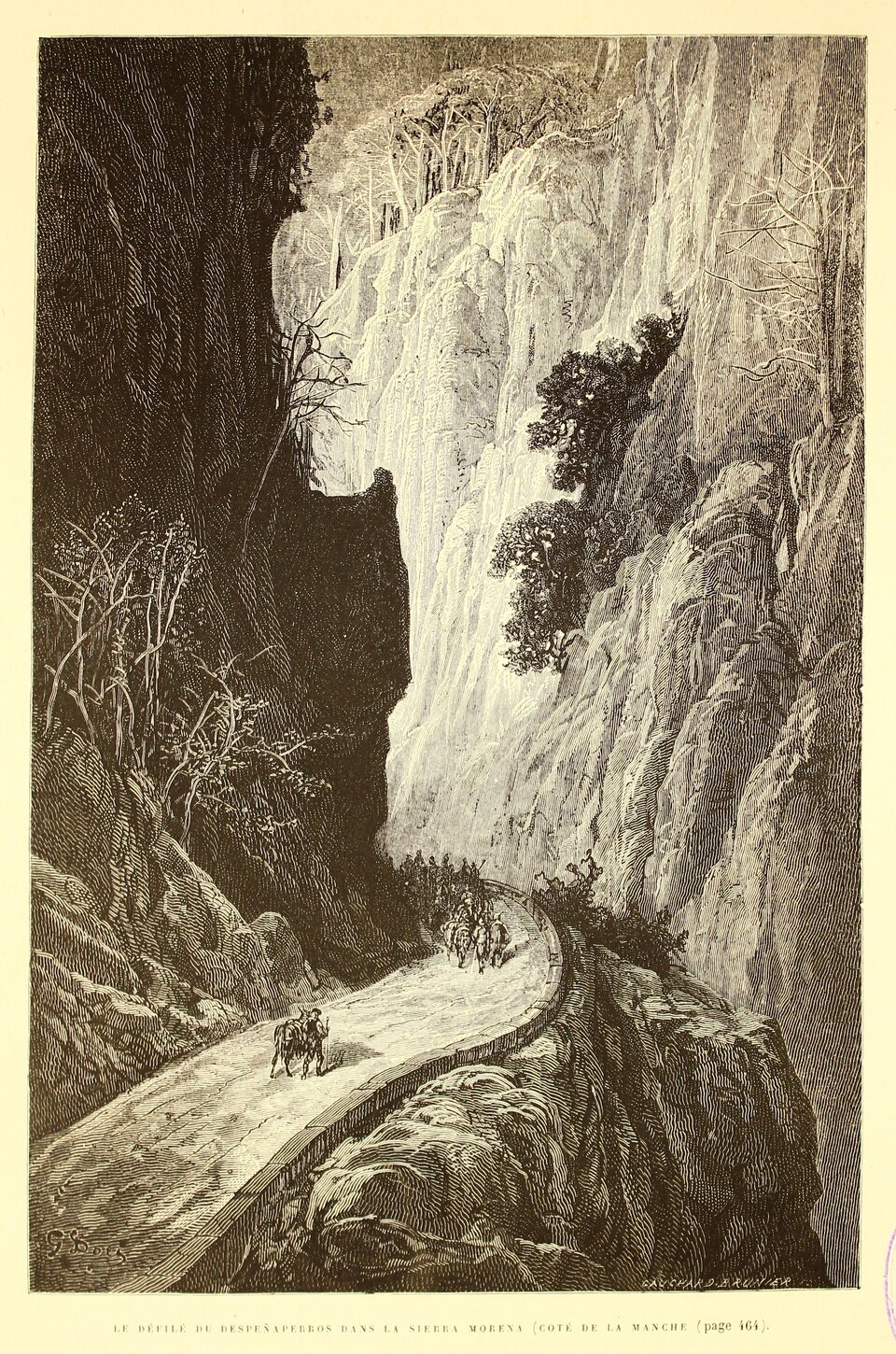Czarno‑biała rycina przedstawia wąską drogę w górach, wśród pionowych skał. Po prawej stronie ścieżki skały stromo opadają w dół. Ścieżką wędrują ludzie z końmi.  