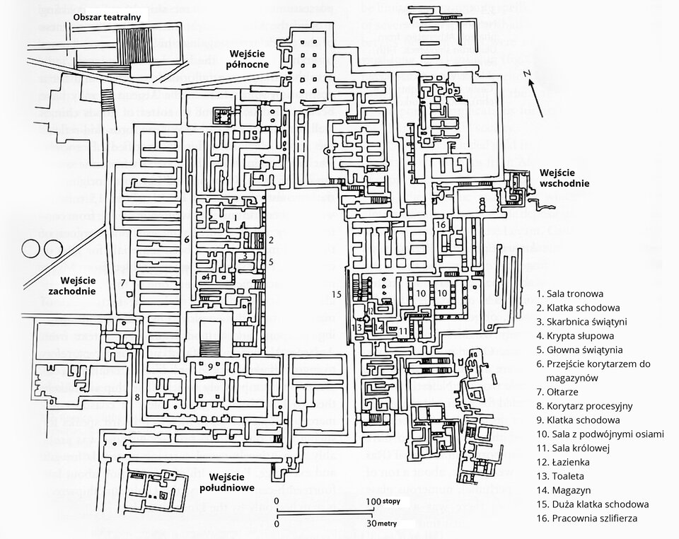 Ilustracja przedstawiająca czarno‑biały plan pałacu w Knossos. Na planie zaznaczone są poszczególne elementy budowli: 1. Sala tronowa, 2. Klatka schodowa, 3. Skarbnice świątyni, 4. Krypta słupowa, 5. Główna świątynia, 6. Przejście korytarzem do magazynów, 7. Ołtarze, 8. Korytarz procesyjny,  9. Klatka schodowa, 10. Sala z podwójnymi osiami, 11. Sala królowej, 12. Łazienka, 13. Toaleta, 14. Magazyn, 15. Duża klatka schodowa, 16. Pracownia szlifierza.