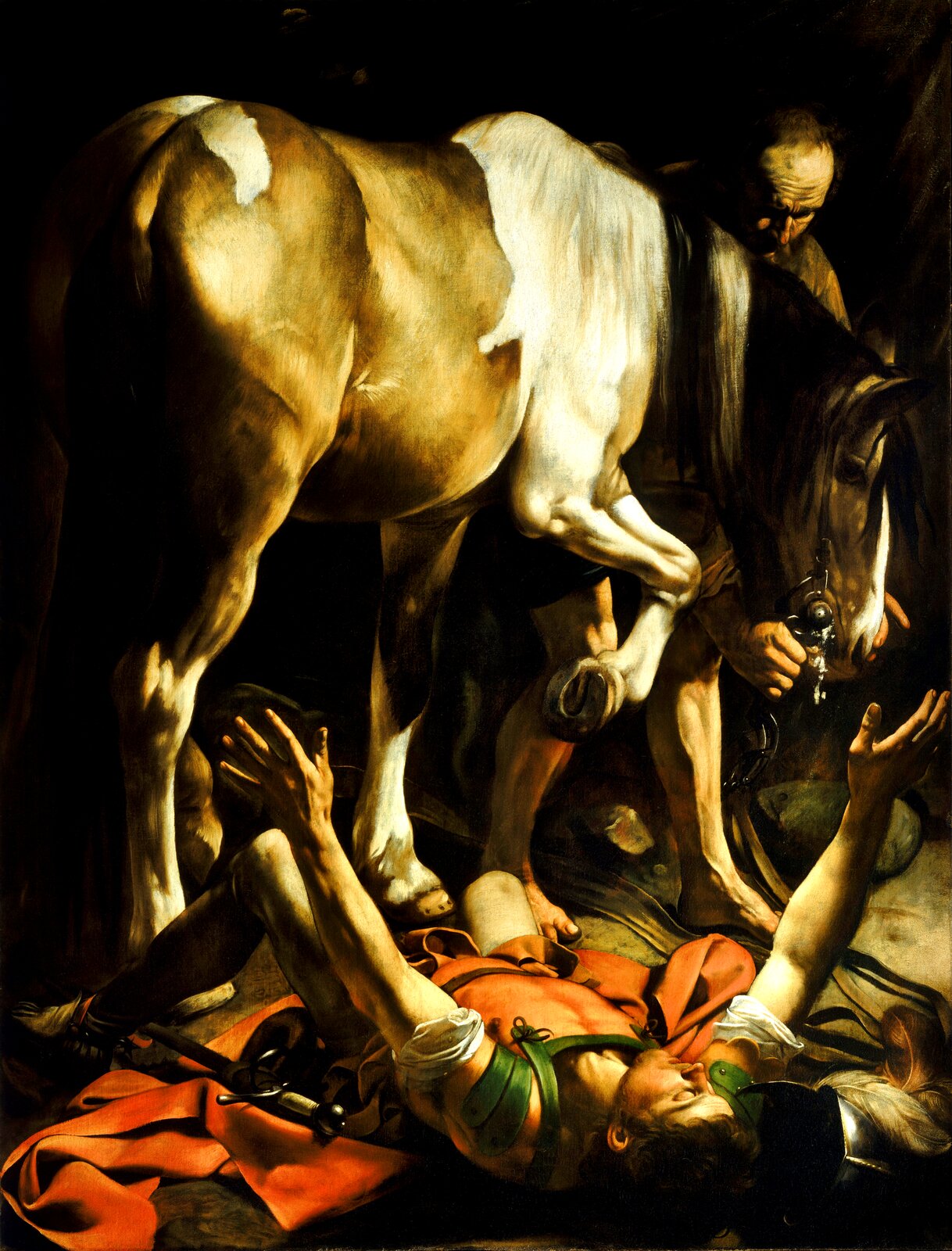 Ilustracja o kształcie pionowego prostokąta przedstawia obraz Caravaggia „Nawrócenie świętego Pawła”.  Ukazuje scenę zbiorową, na którą składają się dwaj mężczyźni i koń. U dołu obrazu na udrapowanym, czerwonym płaszczu leży mężczyzna z uniesionymi do góry rękoma. Przed nim stoi koń, trzyma kopyto nad Pawłem. Większość ciała zwierzęcia obrócona jest tyłem w kierunku widza. Zza konia przypatruje się scenie stajenny, którego widoczna jest tylko głowa i fragment ramion. W ukazanej na czarnym tle scenie światło mocno oświetla Pawła i konia. 