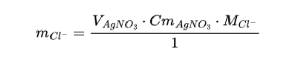 Wzór: małe m w indeksie dolnym CL minus równa się: mianownik V indeks dolny ANNO indeks dolny 3 koniec indeksu razy Cm indeks dolny AgNO 3 koniec indeksu razy M indeks dolny Cl minus; licznik 1.