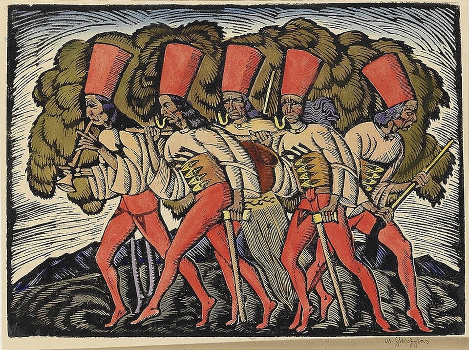 Ilustracja przedstawia obraz Władysława Skoczylasa pt. „Pochód zbójników”. Dzieło powstało w 1920 roku. Możemy je znaleźć w Muzeum Narodowym w Warszawie. Praca została wykonana techniką drzeworytu. Na obrazie przedstawionych jest kilku mężczyzn. Są to zbójnicy ubrani w białe koszule oraz czerwone spodnie. Każdy z mężczyzn ma założony w pasie szeroki brązowy pas. Na głowach mężczyzn znajdują się czerwone cylindry. Trzymają w rękach różne przedmioty. Dwóch z nich podpiera się na ciupagach. Jeden gra na trąbce. Jeden trzyma strzelbę. Autorem pracy był polski malarz, grafik, rzeźbiarz. Uważany był za twórcę polskiej szkoły drzeworytu.