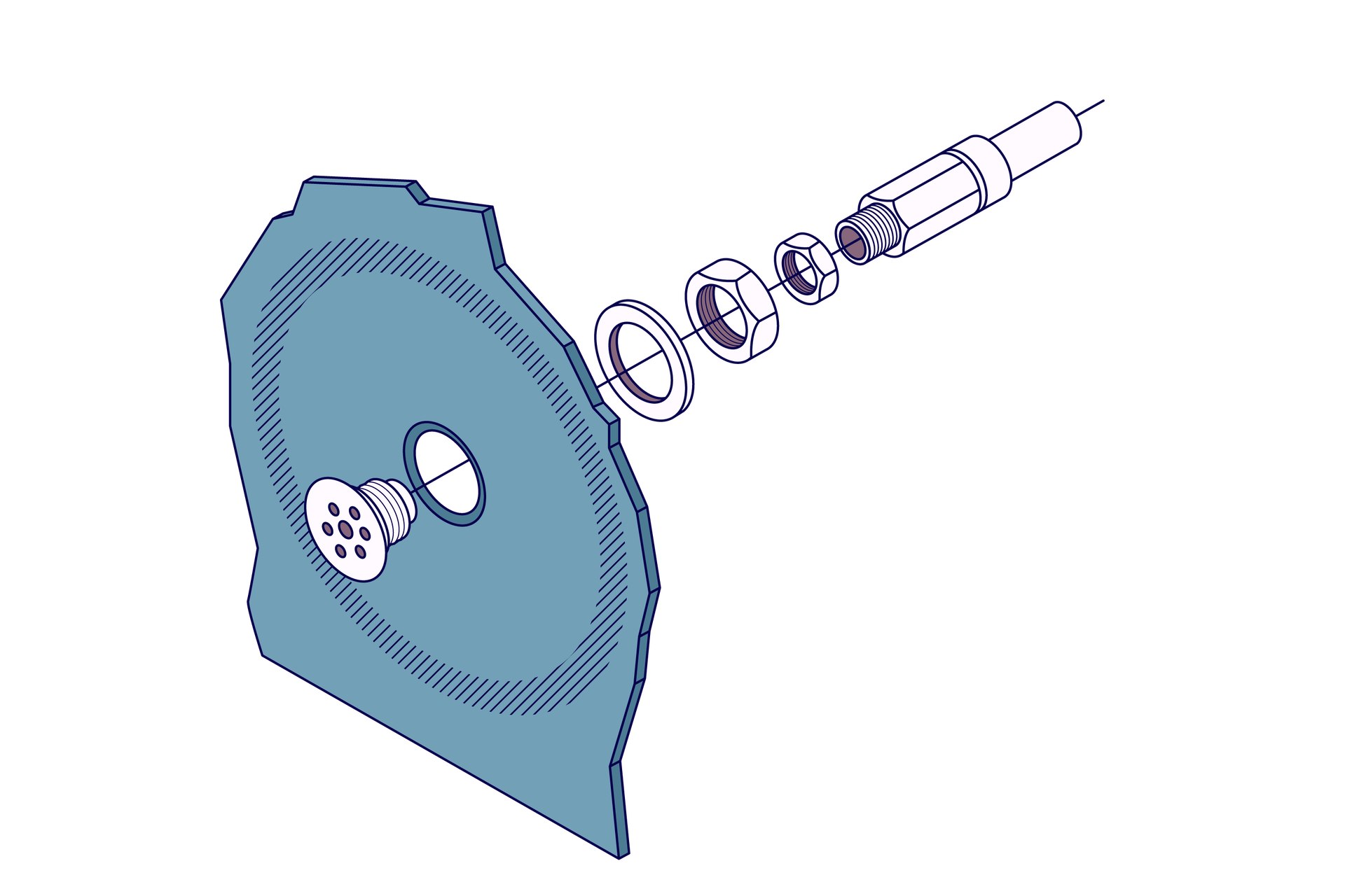 Ilustracja przedstawia schemat portu ciśnienia statycznego. Na schemacie widoczny jest wycinek kadłuba z otworem, w który wkręcana jest zaślepka z siedmioma dziurkami. Dalej są przekręcane trzy nakrętki śrub i walec z czujnikiem.