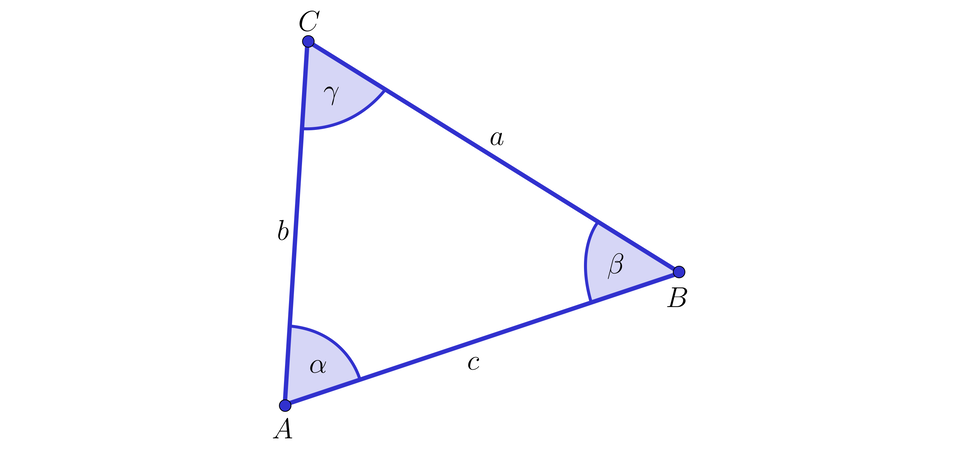Ilustracja przedstawia trójkąt ostrokątny ABC o kątach wewnętrznych przy wierzchołku A kąt alfa, przy wierzchołku B kąt beta, przy wierzchołku C kąt gamma. Odcinek AB ma miarę c, odcinek BC ma miarę a, odcinek AC ma miarę b. 