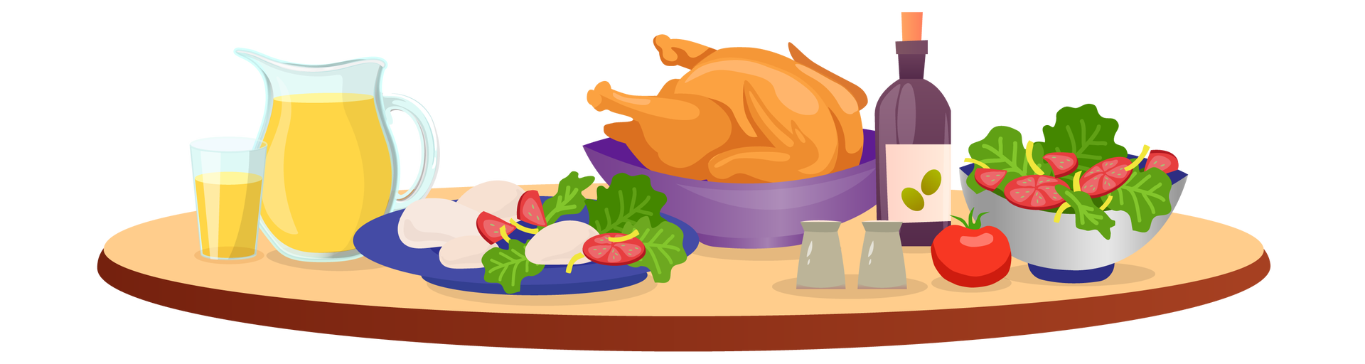 Ilustracja przedstawia jasnobrązowy blat stołu, na którym znajdują się różne naczynia i produkty spożywcze. Po lewej stronie stoi szklanka soku pomarańczowego, a obok niej dzbanek soku pomarańczowego. Dalej jest granatowy talerz, na którym widać kawałki białego sera mozzarella, pomidorów i sałaty. Na środku znajduje się cały upieczony kurczak w fioletowej misce. Obok stoi pojemnik pieprzu, pojemnik soli i ciemnofioletowa butelka oliwy. Po prawej stronie znajduje się srebrna miska z sałatką, a przy niej leży czerwony pomidor.