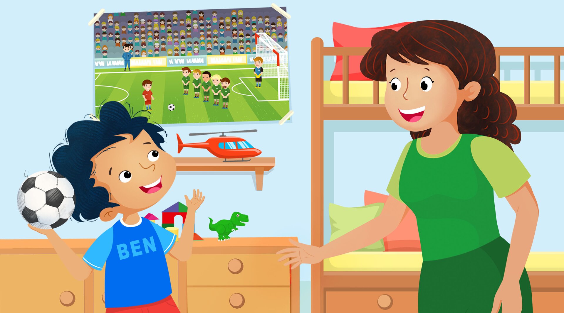 Ilustracja przedstawia Bena i jego mamę. Chłopiec trzyma w ręku piłkę do gry w piłkę nożną.