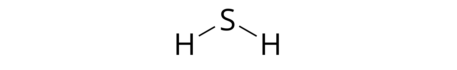 Grafika przedstawia wzór strukturalny siarkowodoru. Dwa atomy wodoru H są połączone pojedynczymi kreskami, reprezentującymi wiązanie, z atomem siarki H. Oba atomy H znajdują się po dwóch stronach atomu S pod niewielkim kątem.