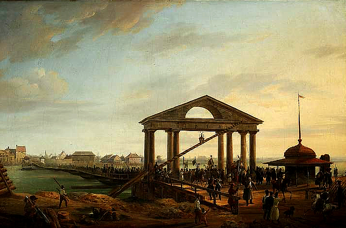 Obraz przedstawia most nad rzeką, pod którym maszerują w zwartym szeregu żołnierze w mundurach. Niosą sztandary. Nad mostem przy brzegu stoi łuk z kolumnami. W tle na drugim brzegu rzeki widoczne są zabudowania miasta.