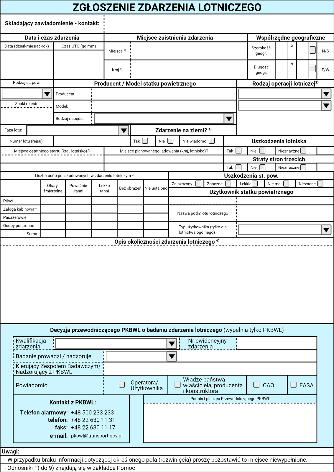 Ilustracja przedstawia dokument zdarzenia lotniczego. Dokument posiada datę i czas zdarzenia, miejsce zaistnienia zdarzenia, współrzędne geograficzne, miejsce planowanego lądowania, producent i model statku powietrznego, rodzaj operacji lotniczej.