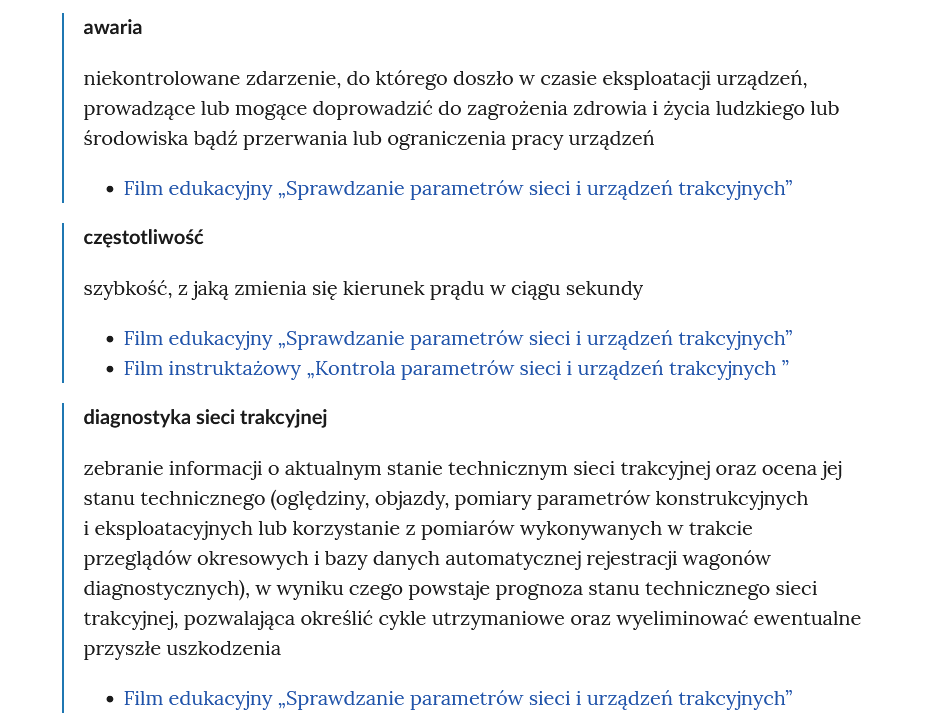Zrzut ekranu przedstawia pojęcia ze Słownika. Konstrukcja jest następująca: pojęcie, poniżej jego wyjaśnienie, a pod nim znajduje się link, po którego kliknięciu użytkownik przenosi się do rozdziału w tym materiale, w którym dane pojęcie jest wykorzystywane. Linków może być jeden lub kilka, w zależności od tego, w ilu rozdziałach użyto pojęcia.