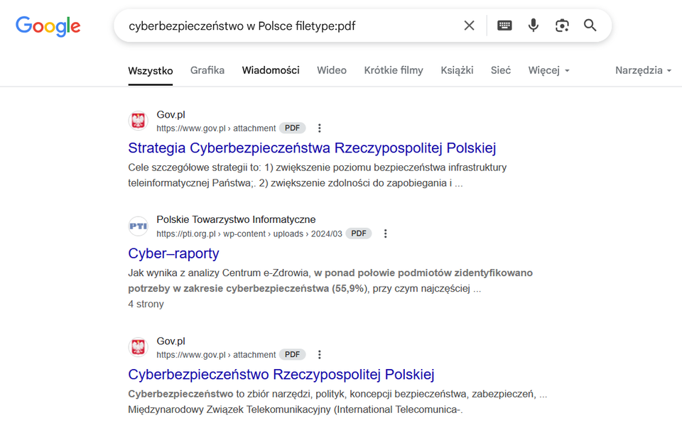 Grafika przedstawia okno wyszukiwarki internetowej zlistą stron www.
