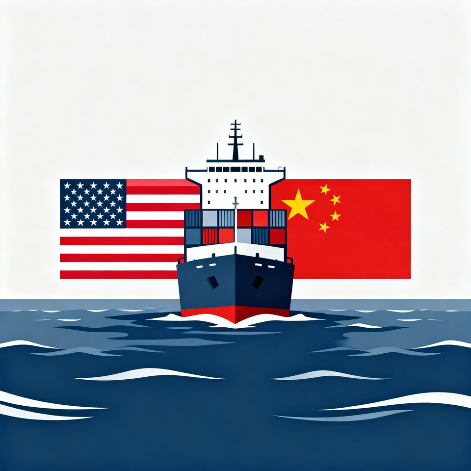 Statek towarowy płynący po oceanie, widziany od frontu, nad którym ułożone są flagi Stanów Zjednoczonych i Chin, symbolizujące globalną rywalizację handlową i gospodarczą pomiędzy tymi państwami.