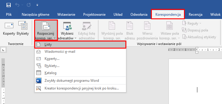 Ilustracja przedstawia program Microsoft Word. Na górnym pasku zadań została wybrana opcja Korespondencja, następnie opcja rozpocznij korespondencję seryjną, a następnie opcja Listy. 