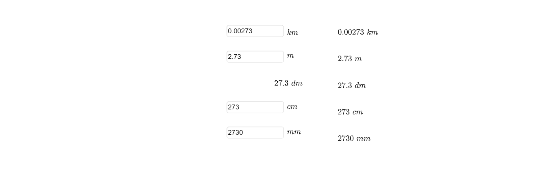 Na rysunku narysowane są uzupełnione pola, z podanymi obok nich, jednostkami długości. Wartość przy jednej jednostce jest podana. Od góry 0,00273 km, 2,73 m, 27,3 dm, 273 cm, 2730 mm. Po prawej stronie raz jeszcze powtórzone wartości - sprawdzenie.