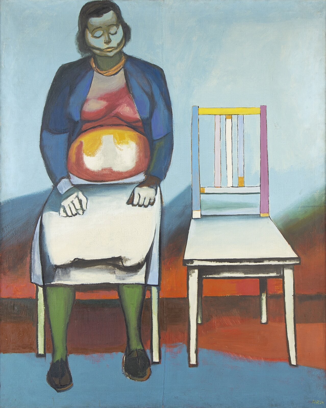 Obraz Andrzeja Wróblewskiego pod tytułem „Ukrzesłowienie I” przedstawia siedzącą na krześle kobietę w białej spódnicy, czerwonej bluzce i granatowej marynarce oraz zielonych rajtuzach. Na nogach ma kapcie. Kobieta nosi na szyi korale, jest zamyślona, a głowę ma lekko przechyloną w lewo. Obok kobiety stoi puste krzesło. Scena ukazana jest na tle błękitnej ściany.