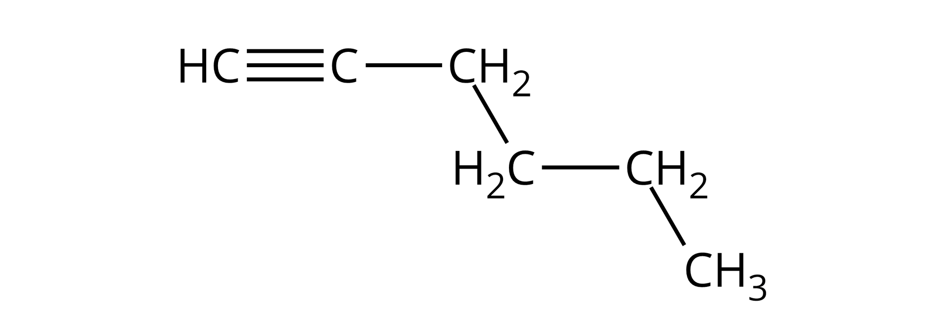 Ilustracja przedstawia cząsteczkę heks-1-ynu. Budowa: atom wodoru H połączony z atomem węgla C tworzącym wiązanie potrójne z kolejnym atomem węgla, połączonym wiązaniem pojedynczym z pierwszą z trzech kolejno połączonych ze sobą grup metylenowych CH2, z których ostatnia podstawiona jest grupą metylową CH3.