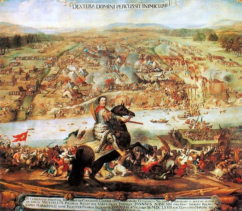 Obraz przedstawia scenę bitewną. Na pierwszym planie znajduje się jadący na karym koniu Jan Trzeci Sobieski, który wskazuje prawą ręką z buławą przed siebie. Za nim toczy się zacięta walka na dwóch brzegach rzeki. Na drugim brzegu rzeki znajdują się zamki i liczne namioty wojskowe. Na dole obrazu znajduje się podpis z tekstem łacińskim.