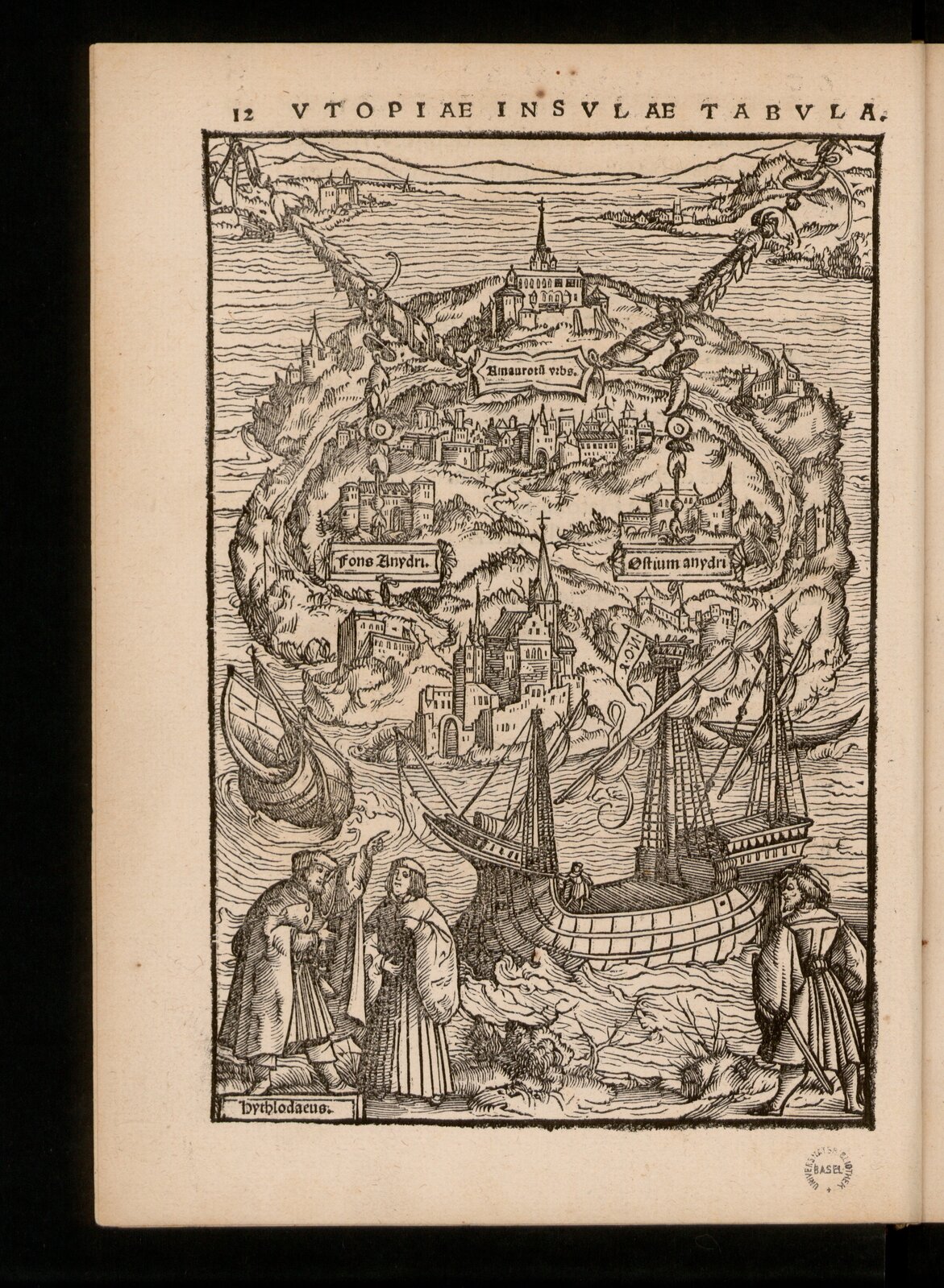 Ilustracja przedstawia rysunek miasta. Miasto znajduje się na wyspie i otoczone jest wodą. Na pierwszym planie stoi trzech mężczyzn. Mężczyzna po lewej wskazuje palcem na statek. Za mężczyznami płyną dwa statki.