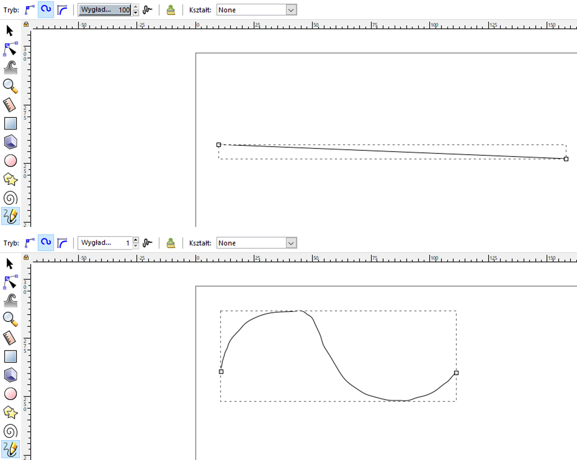 Ilustracja przedstawia dwie grafiki. Na pierwszej z nich znajduje się odcinek prosty ograniczony dwoma punktami, wygładzenie tej linii jest równe sto. Na drugiej grafice znajduje się krzywa ograniczona dwoma punktami, jej wygładzenie jest równe dziesięć.
