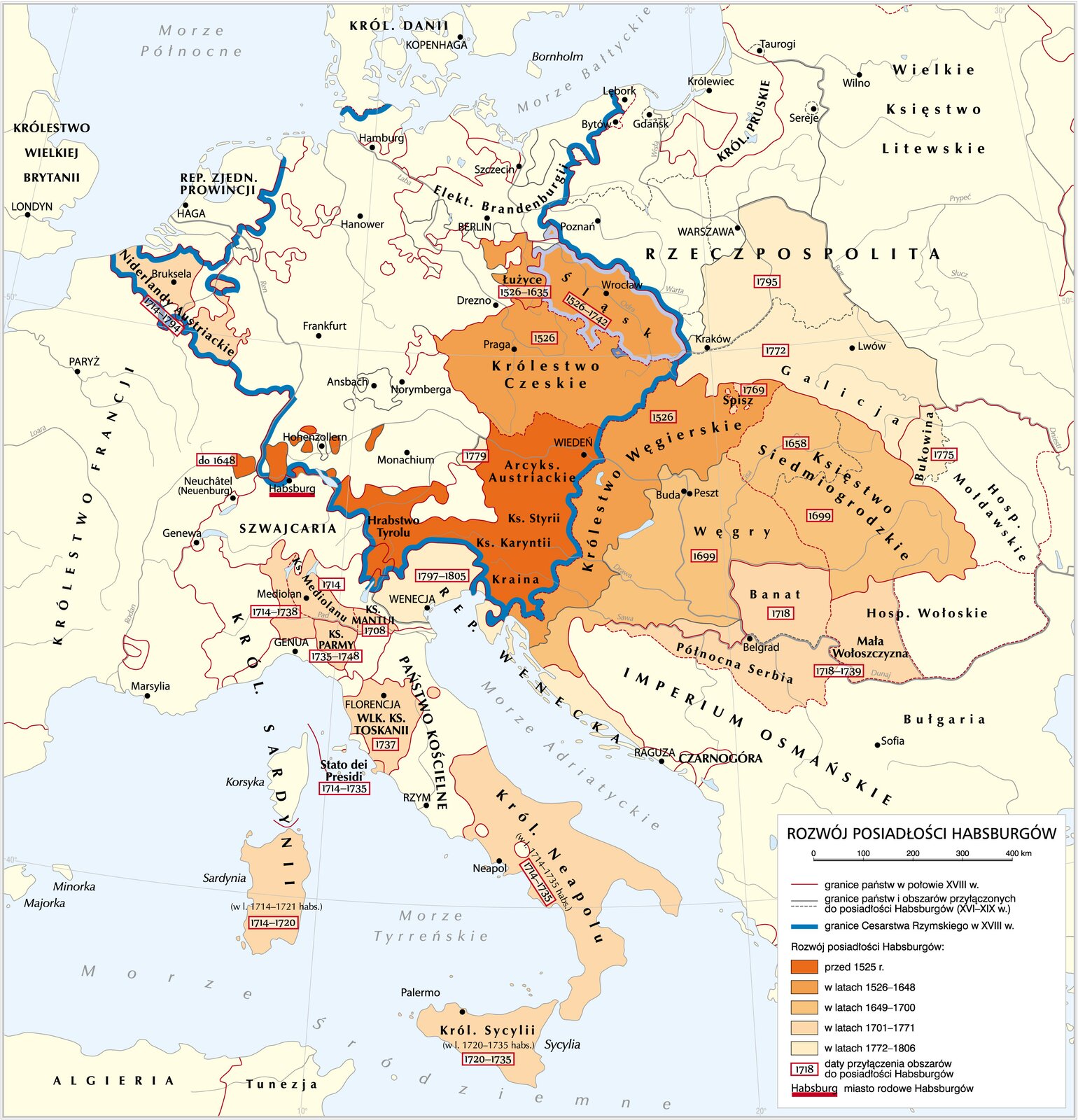 Na ilustracji mapa przedstawiająca rozwój posiadłości Habsburgów.  Zaznaczone są granice państw w połowie XVIII: Król. Pruskie, Król. Neapolu, Państwo Kościelne, Wlk. Ks. Toksani, Królestwo Francji, Szwajcaria, Ks. Mediolanu, Republika Wenecji, Imperium Osmańskie, Czarnogóra, Niderlandy Austriackie, Węgry, Kr. Czeskie, Rzeczpospolita, Elkt. Brandenburgii, Kr. Danii. Na mapie zaznaczono granice Cesarstwa Rzymskiego w XVIII w. (obecne tereny Niemiec, zachodniej Polski, Czech, Austrii, północnych Włoch, Belgii. Rozwój posiadłości Habsburgów: przed 1525 r. (Hrabstwo Tyrolu, Ks. Styrii, Kraina, Arcyks. Austriackie, małe wycinki terenów w zachodnich Niemczech w okolicach Hohenzollernu i Neuenburgu). W latach 1526‑1648: Królestwo Czeskie (data przyłączenia 1526), Łużyce (1526‑1635), Śląsk (1526‑1742), Królestwo Węgierskie (1526). W latach 1649‑1700: Księstwo Siedmiogrodzkie (1699), Węgry (1699). W latach 1701‑1771: Król. Neapolu (1714‑1735), Król. Sardynii (1714‑1720), Wlk. Ks. Toksani (1737), Ks. Parmy (1735‑1748), Ks. Mantui (1708), Ks. Mediolanu (1714‑1738), Północna Serbia (1717‑1739), Banat (1718), Mała Wołoszczyzna (1718‑1739), Stato dei Presidi (1714‑1735), Niderlandy Austriackie (1714‑1794). W latach 1772‑1806: Rep. Wenecji (1797‑1805), Bukowina (1775), Galicja 1772, tereny na północ od Galicji (Mazowsze bez Warszawy, Małopolska, Lubelskie - 1795) Na mapie zaznaczono miasto rodowe Habsburgów czyli Habsburg (w ówczesnej Szwajcarii). 