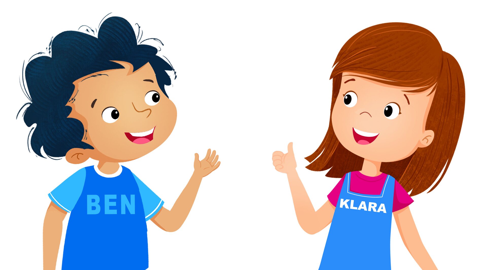 Ilustracja przedstawia ciemnowłosego chłopca i dziewczynkę w niebieskiej sukience.To Ben i Klara.