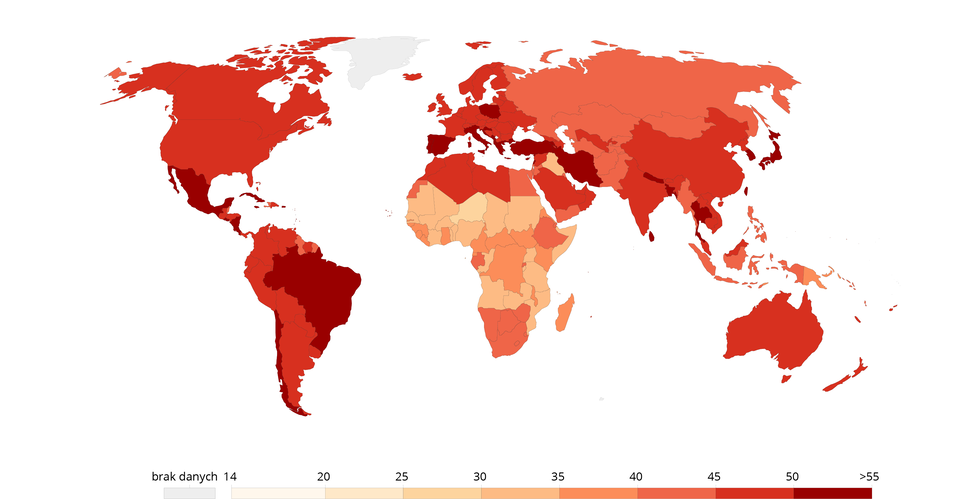 Mapa przedstawia informacje na temat prognozy mediany wieku na świecie (2100). Prognozuje się, że w Ameryce Północnej i Południowej, Europie, Azji i Australii wynosić ona będzie około 45‑55. Najmniej bo około 20‑30 wynosić ona będzie w krajach środkowoafrykańskich.