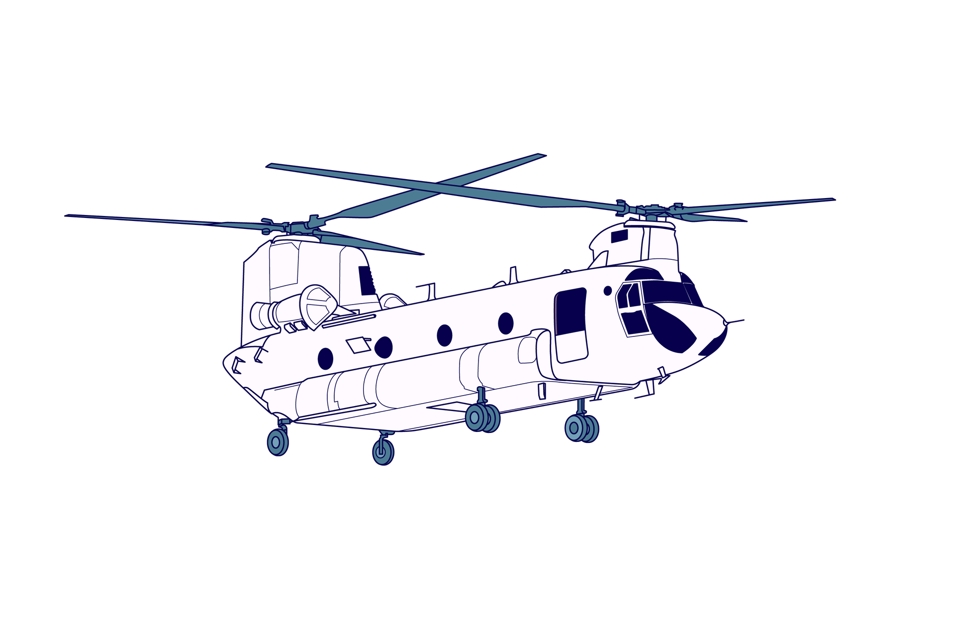 Ilustracja przedstawia przykład śmigłowca dwuwirnikowego w układzie podłużnym. Podłużna kabina posiada cztery koła podwozia, a na przednim i tylnym jej końcu znajdują się dodatkowe konstrukcje, na szczycie których zamontowane są dwa śmigła o trzech łopatach.