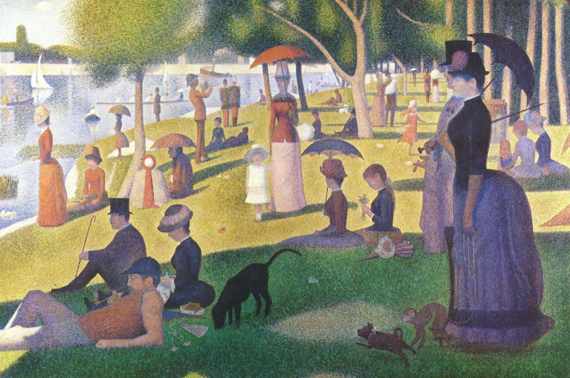 Ilustracja przedstawia obraz „Niedzielne popołudnie na wyspie Grande Jatte” Georgesa Seurata. Ukazuje wypoczywających na wyspie ludzi. Z lewej strony po wodzie pływają zagłówki, łódka i parowiec. Na brzegu ludzie siedzą, spacerują . Znajduje się tu miedzy innymi matka z córką idąca w stronę widza, dwóch żołnierzy ze szkoły wojskowej Saint-Cyr, starszą kobietę chowającą się pod parasolem, dziewczynę układającą kwiaty oraz mężczyznę palącego fajkę. Na uwagę zasługuje znajdująca się po prawej stronie para. Kobieta ma charakterystyczną, długą suknię i trzyma na smyczy małpkę i małego psa, który biegnie w kierunku większego, szukającego czegoś w trawie. Na pierwszym planie znajduje się duża plama zacienionej zieleni. W tle rosną drzewa. Obraz skąpany jest w słońcu.