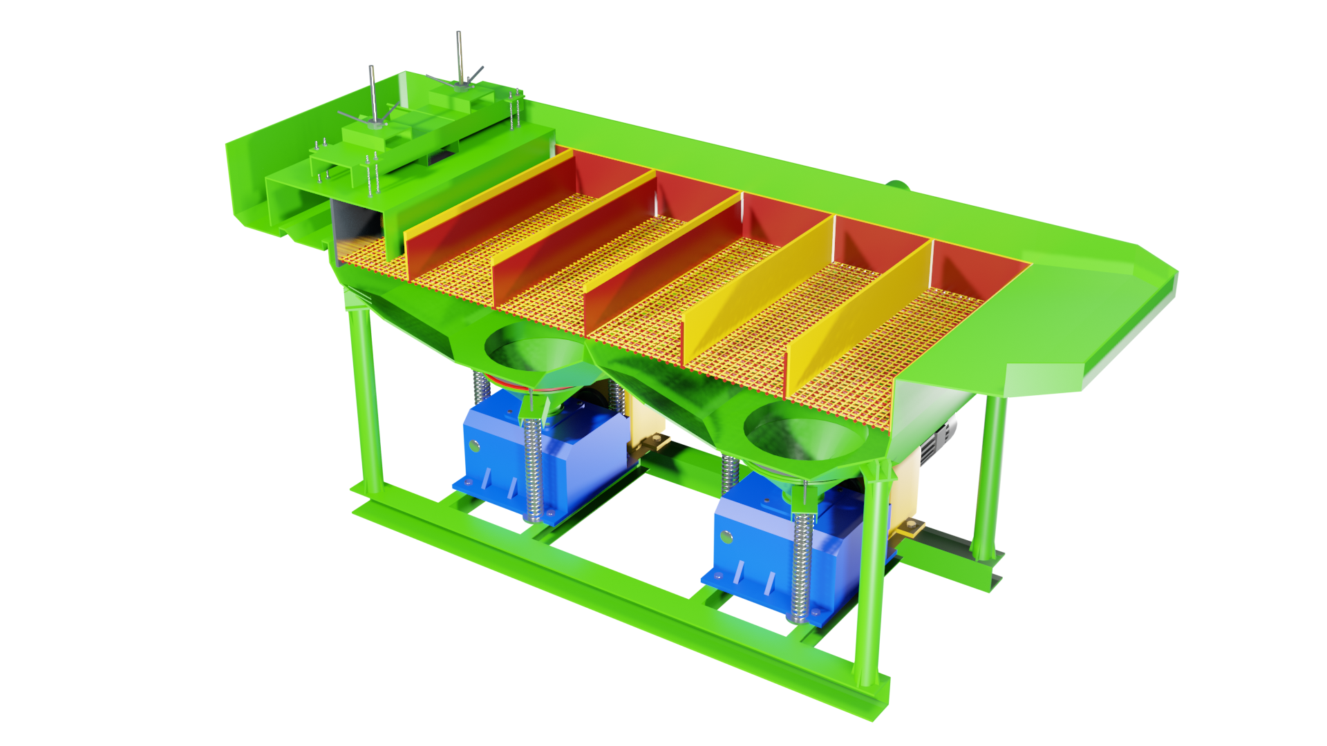 Ilustracja przedstawia model osadzarki typu pośredniego. W górnej części osadzarka ma kształt prostopadłościanu o niedużej wysokości ściany bocznej. Poniżej dzieli się na dwa odwrócone ostrosłupy, których krawędzie skierowane są do dołu. To znaczy zbiorniki zwężają się ku dołowi. Cała konstrukcja osadzona jest w ramie. W górnej części rozmieszczone są prostokątne łoża robocze. Przedzielone kilkoma przegrodami i pochylonymi w kierunku szczelin odbiorczych pod kątem kilku stopni. Z prawej strony, na krótszym boku prostokąta wyznaczającego rozmieszczenie sit, zamontowane jest koryto nadawcze. Jest ono reprezentowane przez pochyloną płytę, z której nadawa zsuwa się w kierunku łoża. Pod zwężającymi się częściami osadzarki znajdują się sprężyny oraz silniki. Odpowiadają za ruch pulsacyjny zawartości osadzarki. Z tyłu, poniżej łoża roboczego zamontowane są rurociągi doprowadzające wodę. Po przeciwnej stronie względem koryta nadawczego znajduje się próg przelewowy oraz szczeliny odbiorcze. Pierwsza zamontowana jest za progiem i odbiera produkt ciężki przechodzący bezpośrednio pod progiem. Z kolei drugą szczeliną powyżej progu odprowadzana jest frakcja o mniejszej gęstości. Poniżej grafiki znajduje się przycisk multimedialny z nagraniem audio. Treść nagrania jest zgodna z tytułem grafiki.