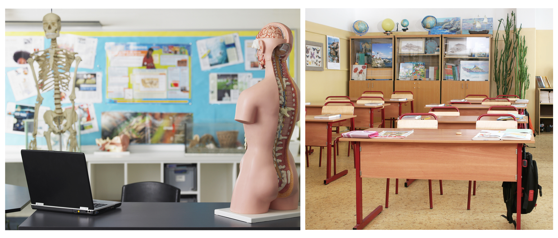 Dwie fotografie przedstawiające pracownię przyrodniczą. Pierwsza fotografia ukazuje dwa modele człowieka. Jeden z nich to szkielet, a drugi przedstawia ułożenie narządów wewnętrznych. Na pierwszym planie znajduje się biurko, na którym stoi laptop. Obok niego znajduje się drugi z modeli. Na drugim planie widać ścianę, na której powieszono liczne plakaty zawierające informacje dla uczniów i służące nauczycielom jako pomoce dydaktyczne. Druga fotografia przedstawia część klasy, w której znajdują się rzędy ławek. Na ławkach leżą piórniki i zeszyty uczniów. Na drugim planie, w końcu klasy, znajduje się szafa z dużą, szklaną gablotą. Na nich stoją modele globusów. Na drzwiczkach gabloty wiszą zdjęcia przedstawiające interesujące widoki z podróży. W rogu klasy na podłodze stoi doniczka z rośliną sięgającą niemal sufitu. Na jednej ze ścian powieszono tablicę z ilustracjami różnych gatunków motyli.