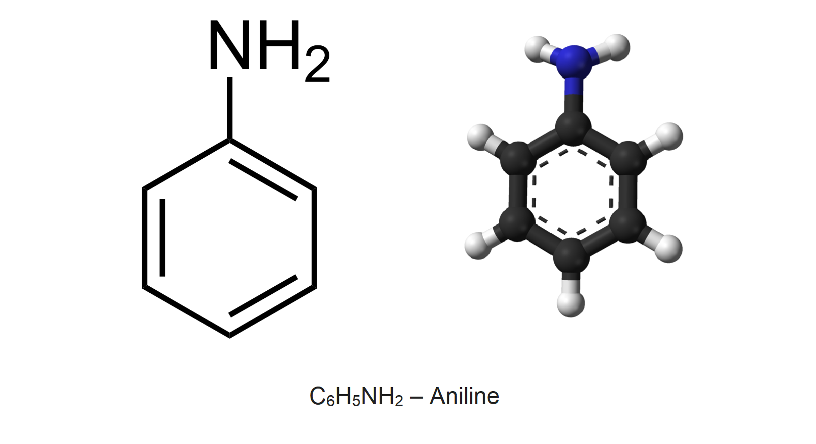 Wzór strukturalny i budowa cząsteczki aniliny, aniline ce sześć ha pięć en ha dwa