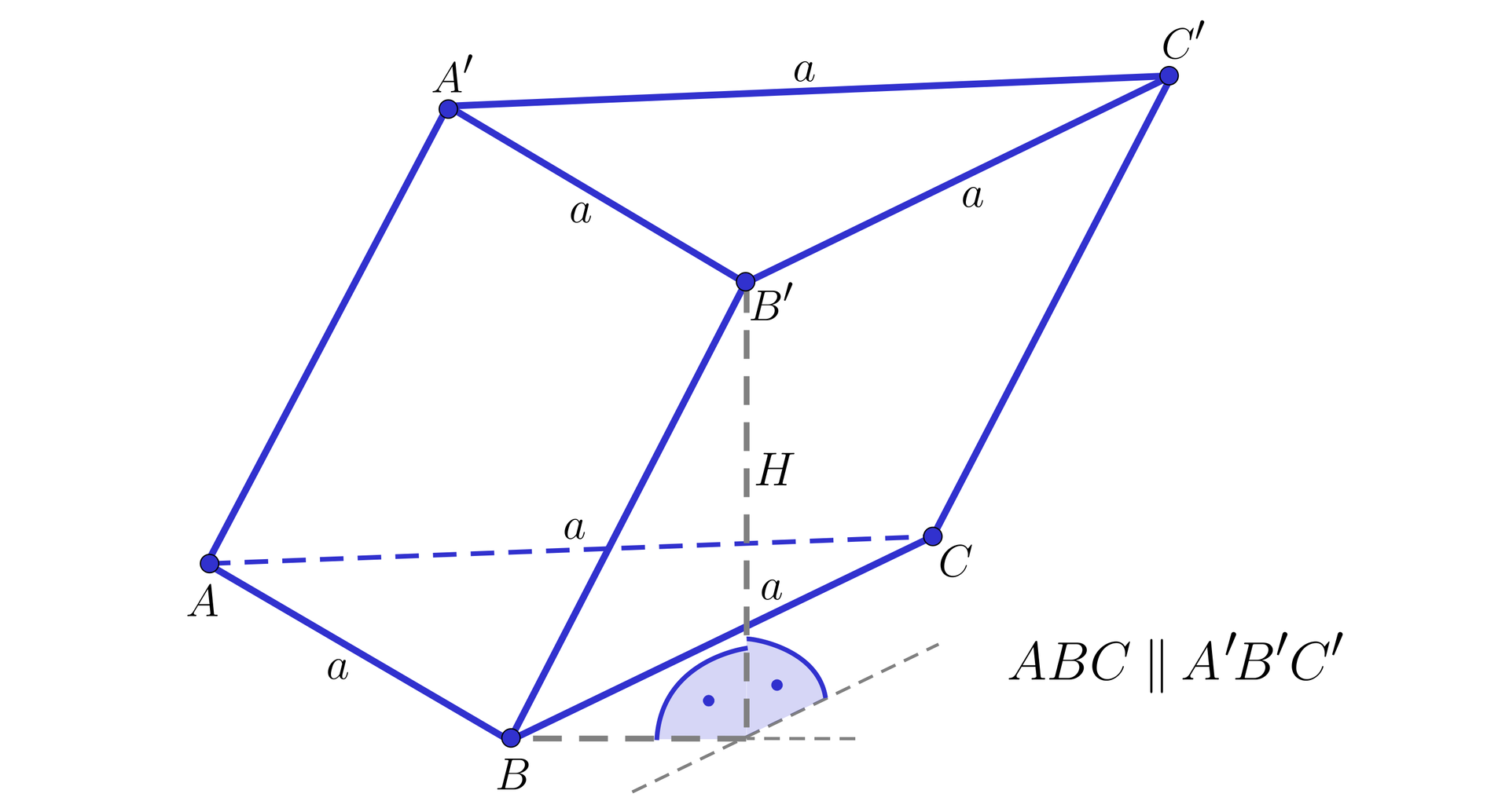 Na ilustracji przedstawiono wielościan o podstawie dolnej ABC oraz górnej A'B'C'. Podstawy są do siebie równoległe. Trójkąt w podstawie jest trójkątem równobocznym, którego długość krawędzi oznaczono literą A. Z wierzchołka B prim opuszczono wysokość graniastosłupa, której spodek leży poza płaszczyzną dolnej podstawy. 