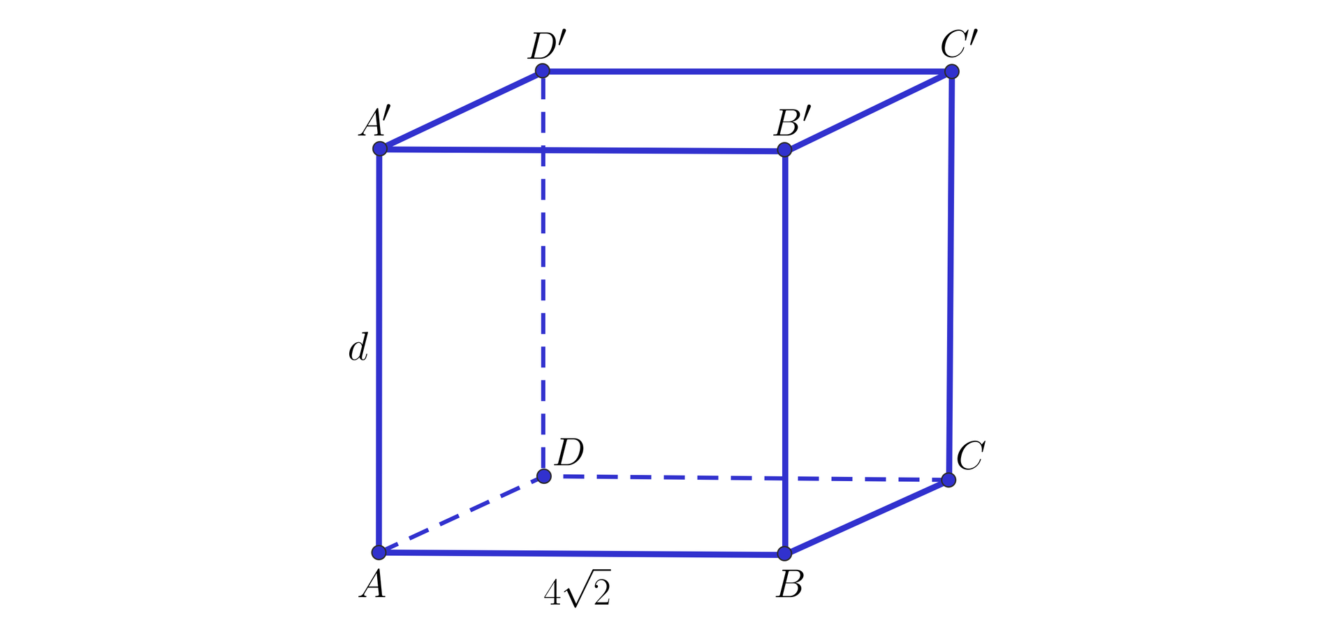 Grafika przedstawia prostopadłościan. Wierzchołki dolnej podstawy to: A, B, C, D, a wierzchołki górnej podstawy to A', B', C', D'. Wysokość prostopadłościanu opisano literą d. Krawędź podstawy AB ma długość 42.