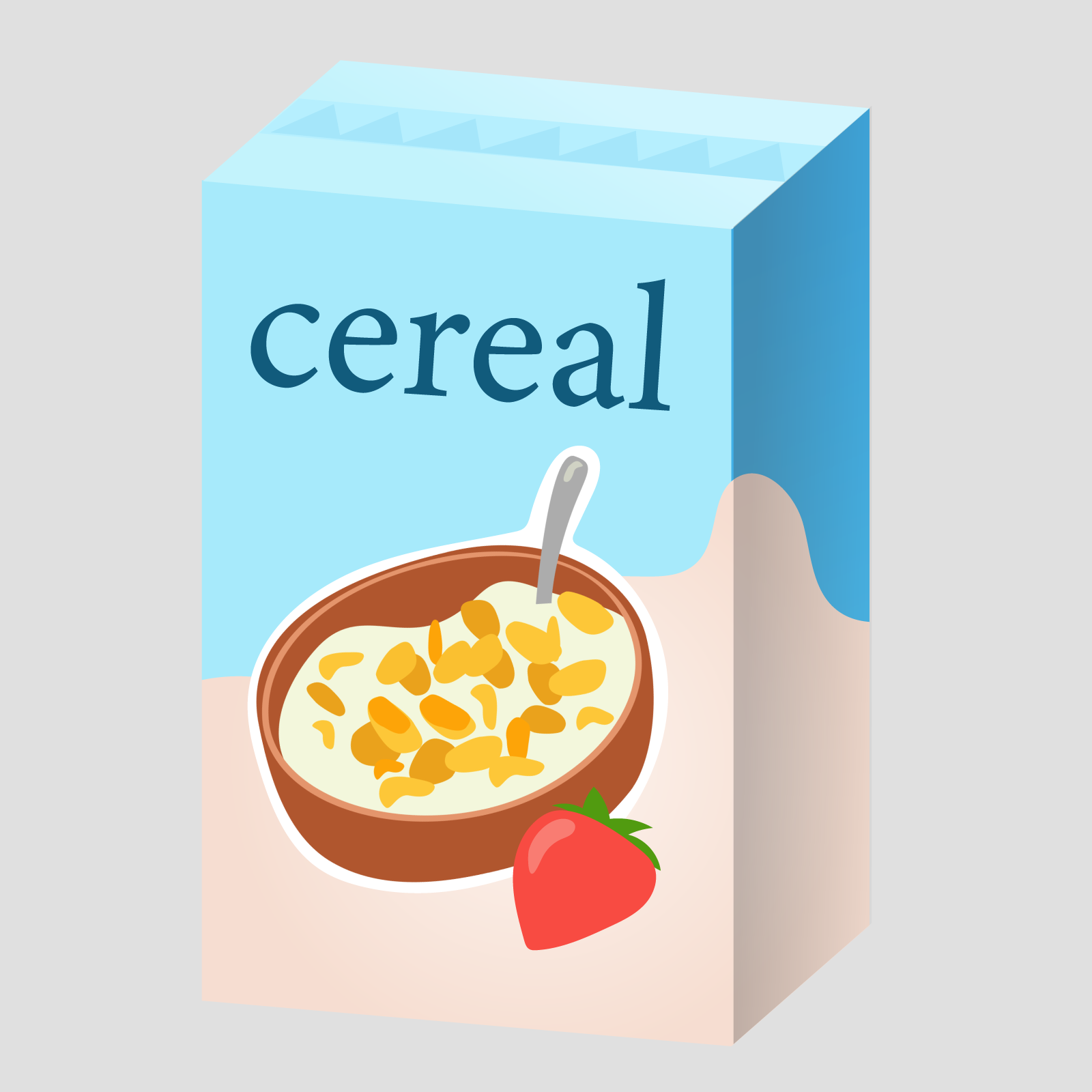 Ilustracja przedstawia kartonowe pudełko na płatki kukurydziane. Na opakowaniu widoczna jest miska z mlekiem i płatkami, truskawka oraz napis cereal.
