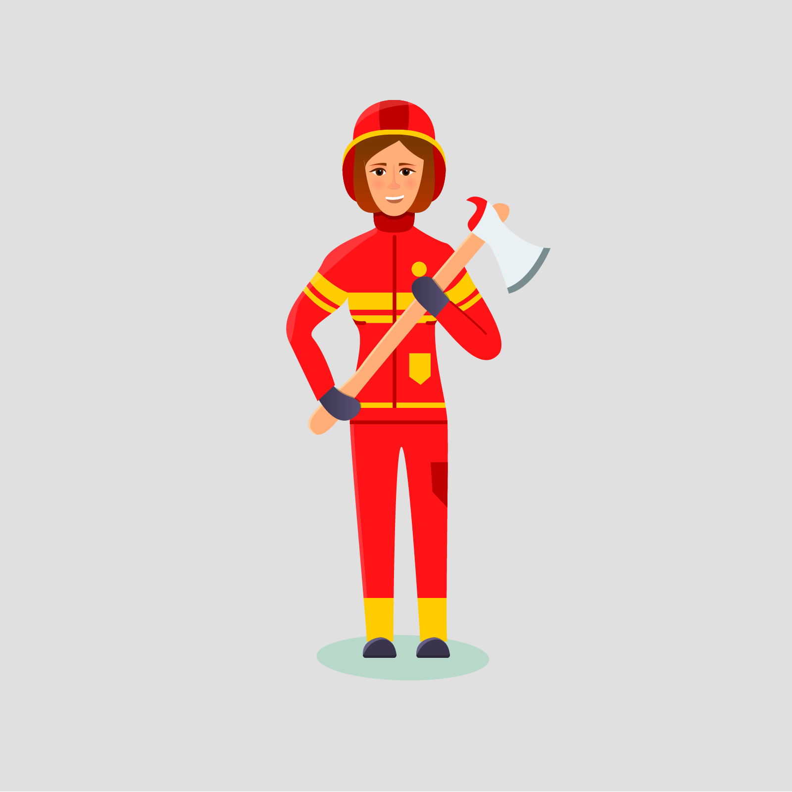 Ilustracja przedstawia strażaczkę ubraną w czerwony strój, z żółtymi elementami odblaskowymi. W obu dłoniach, trzyma toporek. Na głowie ma hełm.