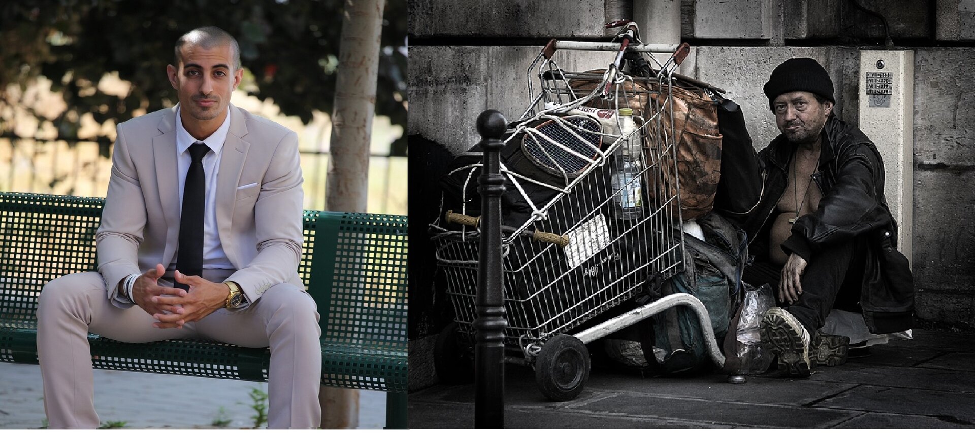 Dwie fotografie przedstawiają dwóch mężczyzn. Po prawej stronie znajduje się młody, elegancki, zadowolony mężczyzna w garniturze. Jest uśmiechnięty i zadowolony, nosi złoty zegarek i lśniące buty. Drugie zdjęcie po lewej stronie przedstawia bezdomnego  mężczyznę, który siedzi pod murem na chodniku. Na głowie ma czarną czapkę, nie ma koszuli, nosi tylko rozpiętą kurtkę i czarne spodnie. Przed nim stoi wózek z supermarketu, w którym znajduje się czarna torba, plastikowa butelka wody. Do rączki wózka przyczepione trzy wypchane, brudne torby.