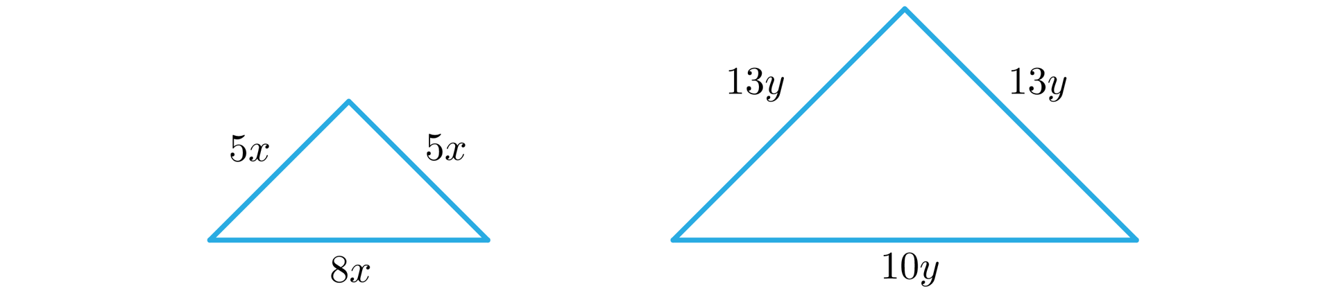 Ilustracja przedstawia dwa rysunki trójkątów równoramiennych. Z lewej strony mamy trójkąt o ramionach o długości 5 x i o podstawie 8 x. Z prawej strony mamy trójkąt o ramionach o długości 13 y i o podstawie 10 y.