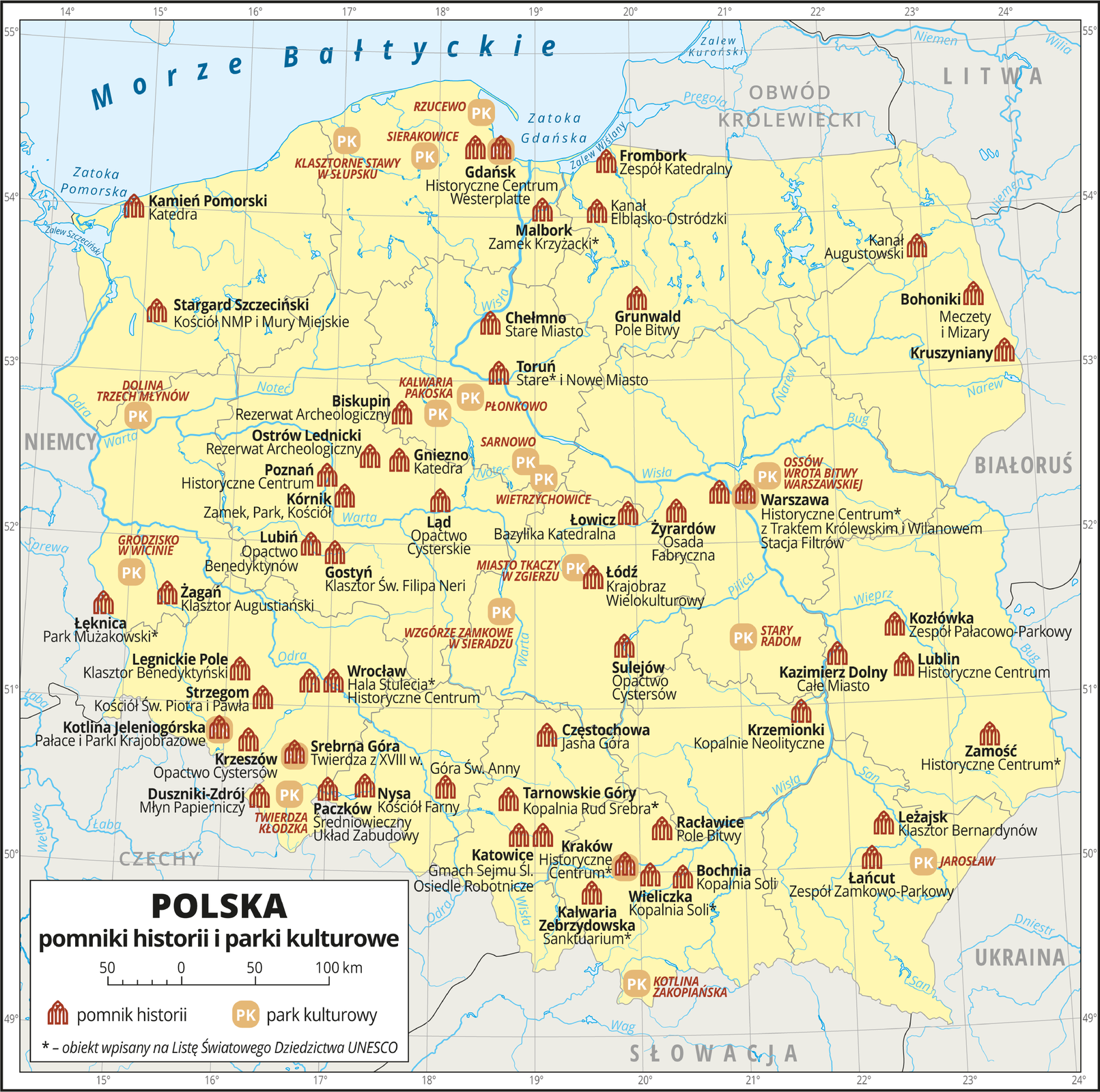 Ilustracja przedstawia mapę Polski. Obszar Polski przedstawiony jest kolorem żółtym. Granice Polski i granice województw oznaczono szarymi liniami. Opisano państwa sąsiadujące. Na mapie za pomocą czerwonej sygnatury budynku przedstawiono pomniki historii w Polsce, a za pomocą sygnatury składającej się z liter PK na beżowym polu przedstawiono parki kulturowe. Pomników historii jest dużo i są umiejscowione równomiernie w obrębie mapy, ich występowanie pokrywa się z występowaniem miejscowości, najmniej sygnatur jest w rejonie pojezierzy. Pomniki historii opisane są w kolorze czarnym nazwą miejscowości, w której się znajdują i nazwą własną – na przykład: Malbork – Zamek Krzyżacki, Wieliczka – Kopalnia Soli. Obiekty wpisane na Listę Światowego Dziedzictwa UNESCO oznaczono gwiazdką. Parków kultury jest mniej, sygnatury najgęściej występują w centrum Polski, na przykład: Miasto Tkaczy w Zgierzu, Wzgórze Zamkowe w Sieradzu. Nazwy parków kultury opisano kolorem czerwonym. Mapa zawiera południki i równoleżniki, dookoła mapy w białej ramce opisano współrzędne geograficzne co jeden stopień. W legendzie na dole mapy objaśniono znaki użyte na mapie.
