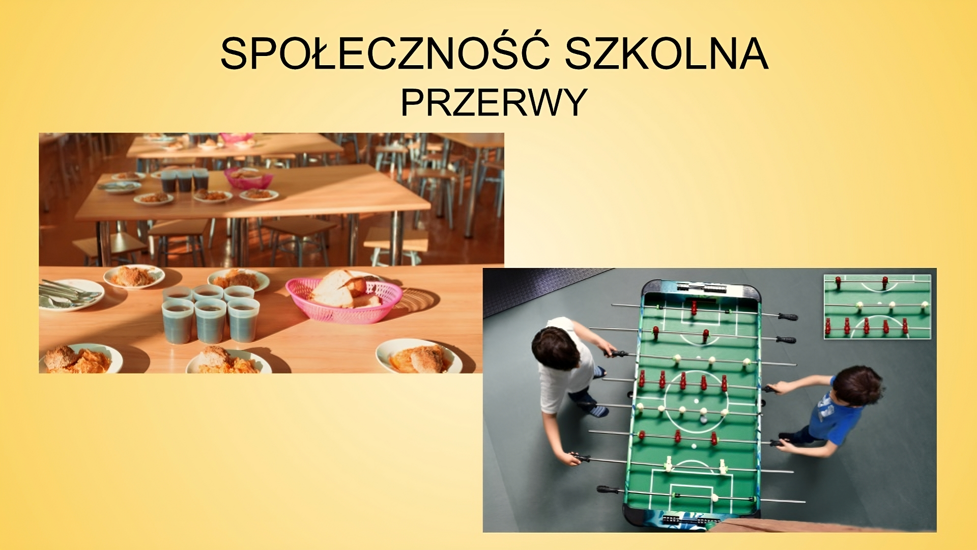 Slajd zatytułowany: Społeczność szkolna - przerwy. Po lewej stronie slajdu umieszczone zostało zdjęcie, na którym przedstawiono stoliki zastawione kubkami z napojem oraz talerzami z pieczywem. Drugie zdjęcie przedstawia dwóch chłopców grających w piłkarzyki.