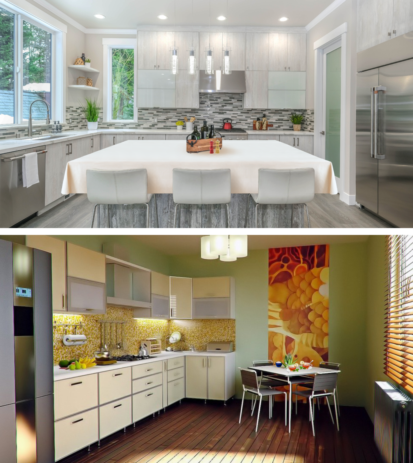Ilustracja składa się z dwóch zdjęć przedstawiających kuchnie. Na górnym zdjęciu widoczna jest przestronna, jasna kuchnia z oknami. Na środku znajduje się duży stół z dużymi krzesłami. Na stole widoczne są pojemniki z przyprawami. Po lewej stronie pod oknem znajdują się szafki kuchenne ustawione w kształcie litery L. Widoczna jest zmywarka i zlew. Po prawej stronie zdjęcia znajduje się duża lodówka. Zdjęcie na dole przedstawia bardziej skromną kuchnię. Po lewej stronie znajduje się lodówka oraz meble kuchenne ustawione w kształcie litery L. Na kuchence stoi czajnik. Po prawej stronie widoczny jest mały stół z czterema krzesłami.
