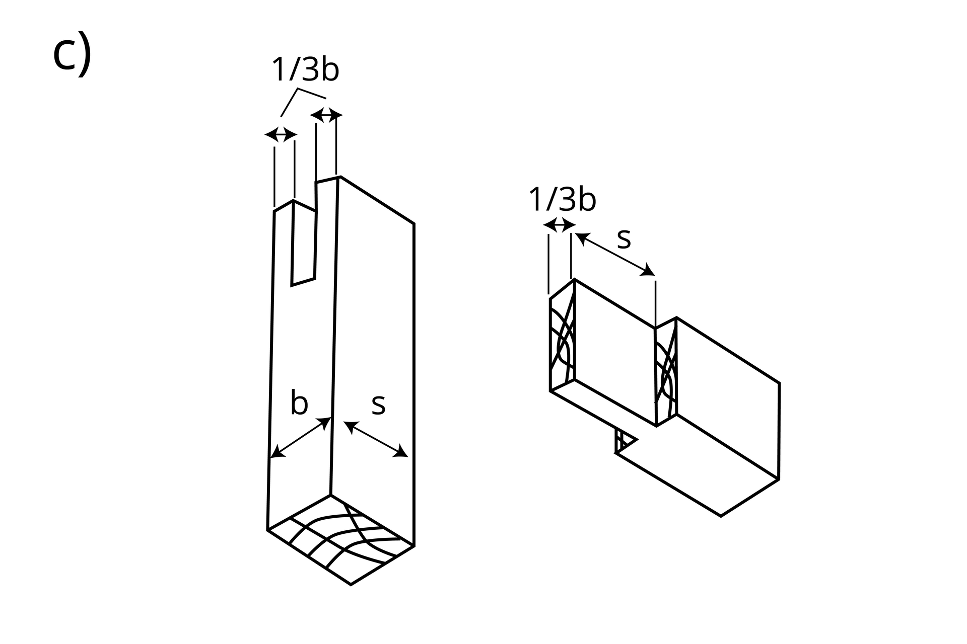 Rysunek złącza widlicowego przelotowego pojedynczego. Jeden element ma wypust o grubości stanowiącej jedną trzecią grubości elementów i długości stanowiącej ich szerokość. Wcięcie w drugim elemencie odpowiada wymiarom wypustu.