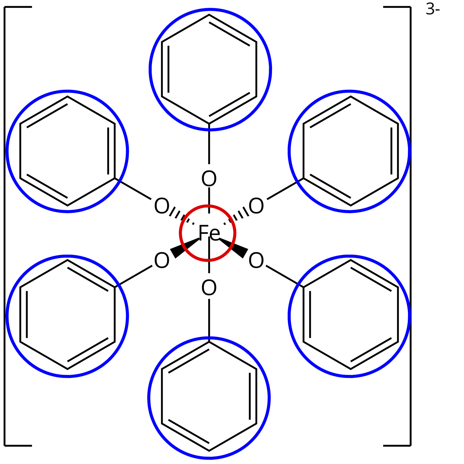 Na ilustracji jest wzór: w jego centrum jest atom żelaza. Łączy się z sześcioma atomami tlenu, a te łączą się - każdy z nich - z sześcioczłonowymi pierścieniami z trzema wiązaniami podwójnymi. Wzór umieszczony jest w nawiasie kwadratowym. Poza nawiasem w indeksie górnym jest 3 minus. Na niebiesko zaznaczono pierścienie - to ligandy. Atom żelaza zaznaczono kolorem czerwonym - to atom położony centralnie.