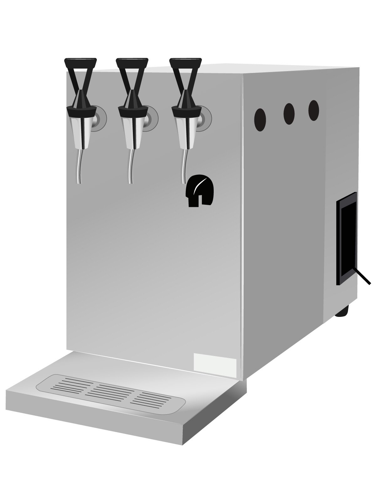 Ilustracja przedstawiająca dystrybutor do napojów w kolorze srebrnym.
