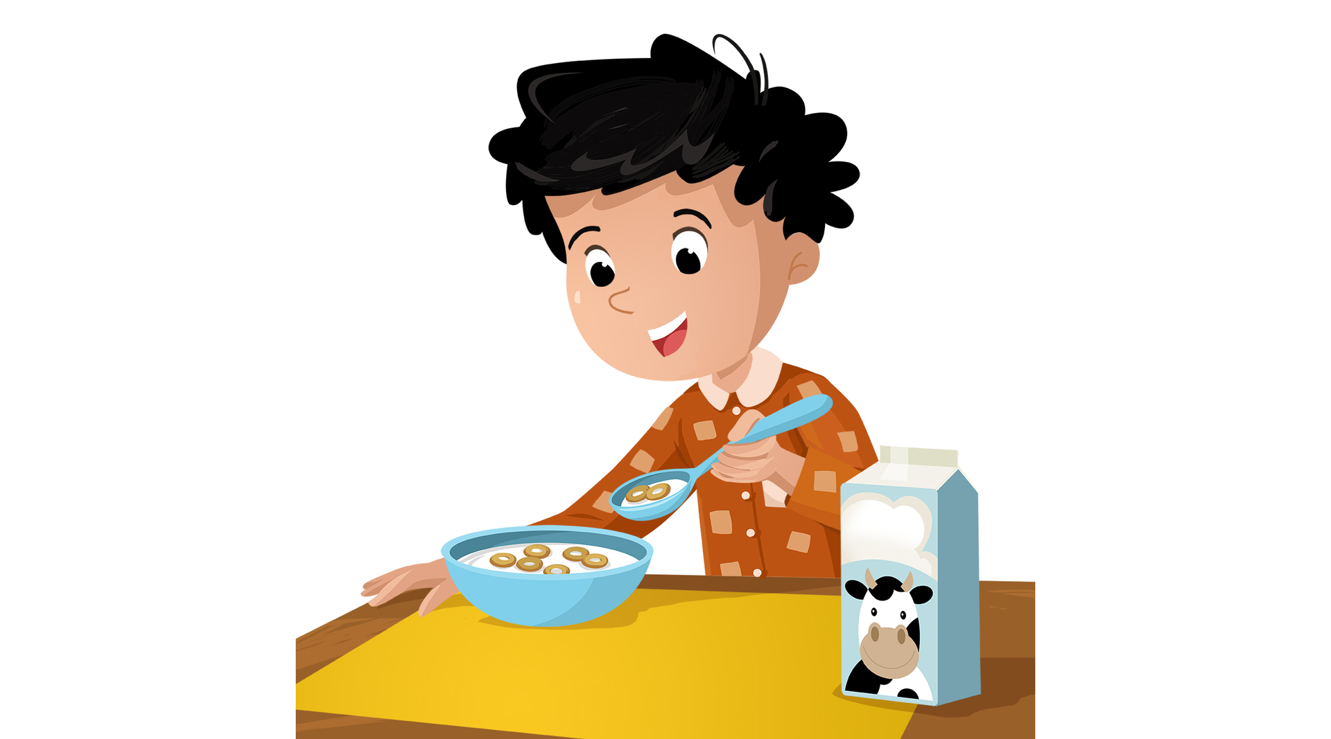 Na ilustracji znajduje się chłopiec, który je śniadanie 