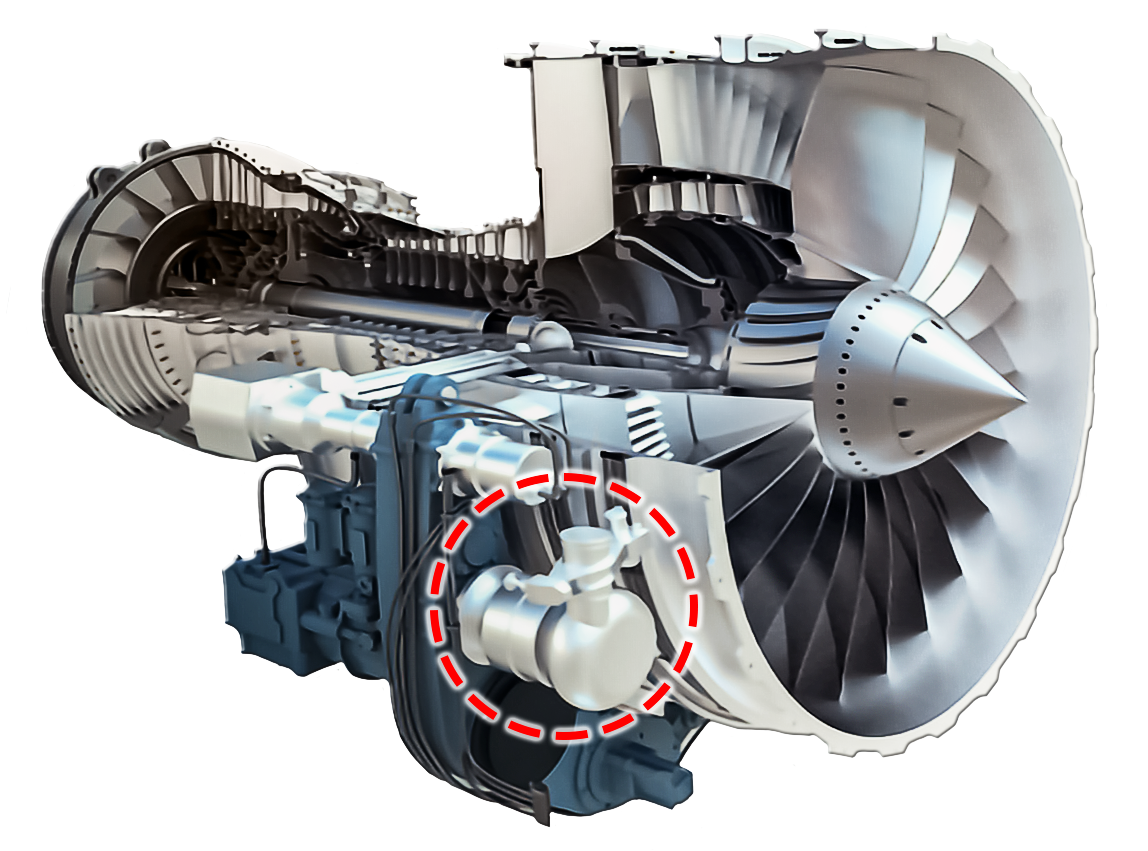 Ilustracja przedstawia rozrusznik pneumatyczny silnika turbinowego oraz jego miejsce ułożenia w silniku. Urządzenie o walcowatym kształcie z zwężeniem po środku i zaokrąglonymi krawędziami zamocowane jest w lewej dolnej części silnika obok dyszy wlotowej.