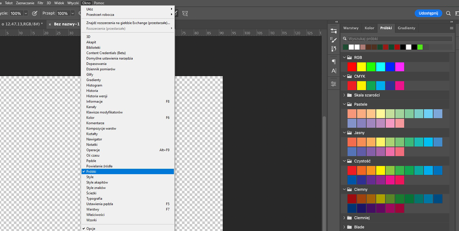 Ilustracja przedstawia okno programu. Z menu wybrano opcję Okno. Z rozwiniętej listy wybrano Próbki. Po prawej stronie jest panel dotyczący próbek. Tam liczne paski zbudowane z kwadratów w różnych kolorach. Jest RGB oraz CMYK, do wyboru pastele, jasny, czystość, ciemny.  