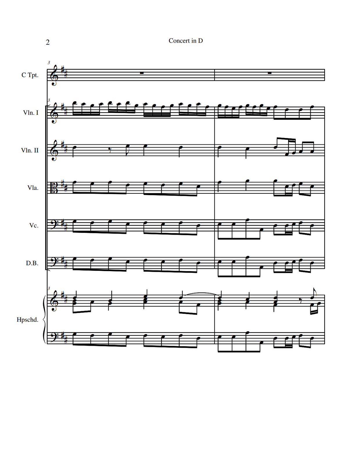 Na stronie drugiej w partii trąbki zapisano wyłącznie pauzy całonutowe, zarówno w takcie trzecim, jak i w czwartym. W partii pierwszych skrzypiec w trzecim takcie grane są wyłącznie szesnastki: na pierwszą miarę h, a, g oraz ponownie a, na miarę drugą h, a, h oraz g, na trzecią miarę a, g, fis oraz g, a na miarę czwartą a, g, a oraz fis. W takcie czwartym na pierwszą miarę zapisano cztery szesnastki: g, fis, e oraz fis, na miarę drugą szesnastki g, fis, g oraz e, na miarę trzecią ósemki fis oraz d, a na czwartą miarę ósemki d oraz fis. W partii drugich skrzypiec w trzecim takcie na pierwszą miarę grana jest ćwierćnuta d, na miarę drugą zapisano pauzę ósemkową oraz ósemkę e, na miarę trzecią grana jest ćwierćnuta e, a na miarę czwartą ćwierćnuta d. W takcie czwartym na pierwszą miarę zapisano ćwierćnutę d, na miarę drugą ćwierćnutę cis, na miarę trzecią ósemkę d oraz szesnastki fis i g, a na miarę czwartą dwie ósemki a. W partii altówki w trzecim takcie grane są wyłącznie ósemki: na pierwszą miarę g oraz fis, na miarę drugą g oraz e, na trzecią miarę fis oraz e, na miarę czwartą fis oraz d. W takcie czwartym na pierwszą miarę grana jest ćwierćnuta g, na miarę drugą ćwierćnuta a, na trzecią miarę ósemka a oraz szesnastki d i e, na czwartą miarę ósemki fis oraz d. W partii wiolonczeli w trzecim takcie grane są wyłącznie ósemki: na pierwszą miarę g oraz fis, na miarę drugą g oraz e, na trzecią miarę fis oraz e, na miarę czwartą fis oraz d. W czwartym takcie na pierwszą miarę zapisano dwie ósemki e, na miarę drugą dwie ósemki a, z czego drugą o oktawę niżej, na trzecią miarę ósemkę d oraz dwie szesnastki: d oraz e, a na miarę czwartą ósemki fis oraz d. W partii kontrabasu w trzecim takcie grane są wyłącznie ósemki: na pierwszą miarę g oraz fis, na miarę drugą g oraz e, na trzecią miarę fis oraz e, na miarę czwartą fis oraz d. W czwartym takcie na pierwszą miarę zapisano dwie ósemki e, na miarę drugą dwie ósemki a, z czego drugą o oktawę niżej, na trzecią miarę ósemkę d oraz dwie szesnastki: d oraz e, a na miarę czwartą ósemki fis oraz d. W kluczu wiolinowym partii klawesynu w trzecim takcie na pierwszą miarę zapisano ósemkę‑trójdźwięk G‑dur w postaci zasadniczej, złożoną z nut g, h oraz d, przy czym d zapisano jako ćwierćnutę; dalej grana jest ósemka a. Na miarę drugą zapisano ćwierćnutę‑dwudźwięk, złożoną z nut g oraz h. Na trzecią miarę zapisano ćwierćnutę‑trójdźwięk A‑dur w postaci zasadniczej, złożoną z dźwięków a, cis oraz e. Na miarę czwartą zapisano w wyższym głosie ćwierćnutę d, przedłużoną do kolejnego taktu, a w niższym dwie ósemki: a oraz fis. W takcie czwartym na pierwszą miarę zapisano ćwierćnutę‑trójdźwięk G‑dur w postaci zasadniczej, złożoną z dźwięków g, h oraz d, przy czym najwyższy dźwięk, d, jest przedłużony z poprzedniego taktu. Na drugą miarę grana jest ósemka‑dwudźwięk, złożona z nut a oraz cis. Na trzecią miarę zapisano ćwierćnutę‑trójdźwięk D‑dur w pierwszym przewrocie, złożony z dźwięków fis, a oraz d. Na miarę czwartą zapisano pauzę ósemkową, a dalej w wyższym głosie ósemkę d, a w niższym szesnastki fis oraz g. W kluczu basowym partii klawesynu w trzecim takcie grane są wyłącznie ósemki: na pierwszą miarę g oraz fis, na miarę drugą g oraz e, na trzecią miarę fis oraz e, na miarę czwartą fis oraz d. W czwartym takcie na pierwszą miarę zapisano dwie ósemki e, na miarę drugą dwie ósemki a, z czego drugą o oktawę niżej, na trzecią miarę ósemkę d oraz dwie szesnastki: d oraz e, a na miarę czwartą ósemki fis oraz d.