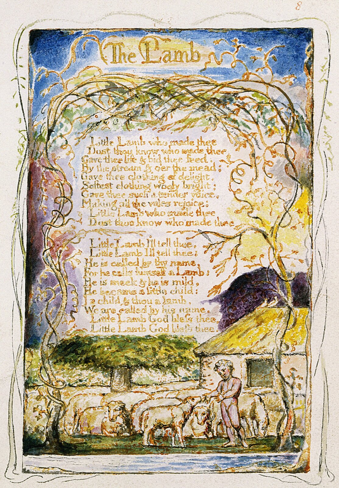 Ilustracja o kształcie pionowego prostokąta przedstawia ilustrację do wiersza „Owca” z „Pieśni niewinności” Wiliama Blake’a. Ukazuje tekst otoczony motywami rysunkowymi. U dołu znajduje się  pasterz w towarzystwie owiec. Obok stoi dom kryty strzechą. Po obu stronach rosną drzewa, których korony otaczają cały tekst, splatając się u góry. Tłem jest błękitne niebo.