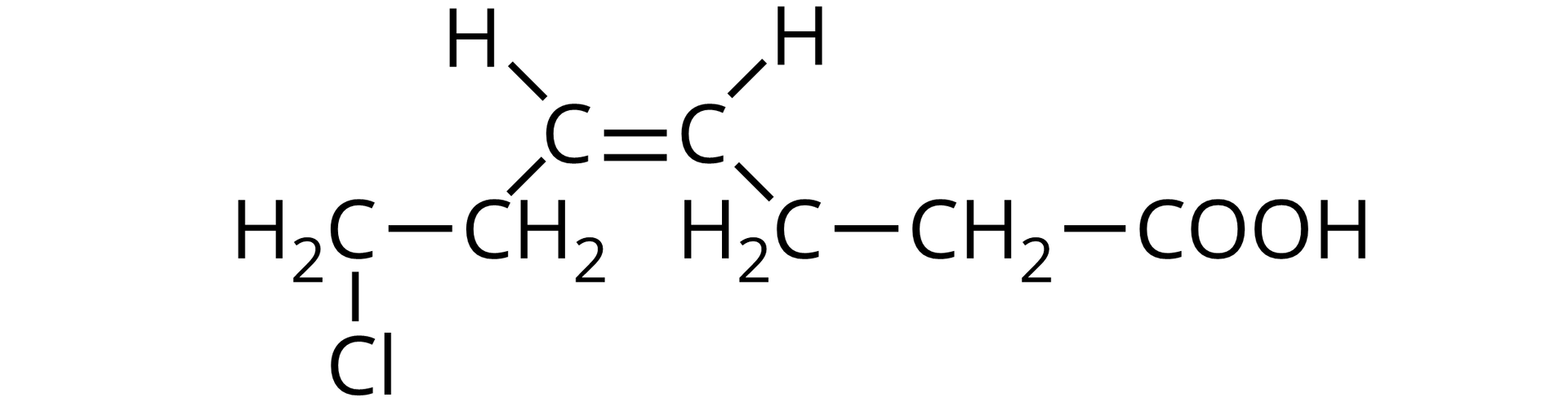 Ilustracja przedstawiająca związek zbudowany z grupy karboksylowej COOH połączonej z grupą CH2 związaną z kolejną grupą CH2, która to łączy się z grupą CH połączoną za pomocą wiązania podwójnego z drugą grupą CH związaną z grupą CH2 połączoną z grupą CH2 podstawioną atomem chloru. Łańcuch buduje zatem siedem atomów węgla.