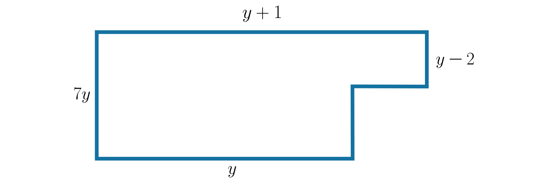 Rysunek przedstawia wielokąt będący prostokątem, który ma wycięty mały prostokąt przy dolnym prawym wierzchołku. Lewy pionowy bok figury ma długość siedem razy igrek. Górny poziomy bok figury ma długość y+1. Następnie prawy pionowy bok figury ma długość y-2, następnie mamy poziome wcięcie i dalej pionowy bok. Oba nie mają opisanej długości. Następnym bokiem jest poziomy dolny bok o długości igrek. Lewy pionowy bok ma długość równą sumie dwóch krótszych pionowych prawych boków. Górny bok ma długość równą długości dwóch krótszych dolnych boków. 