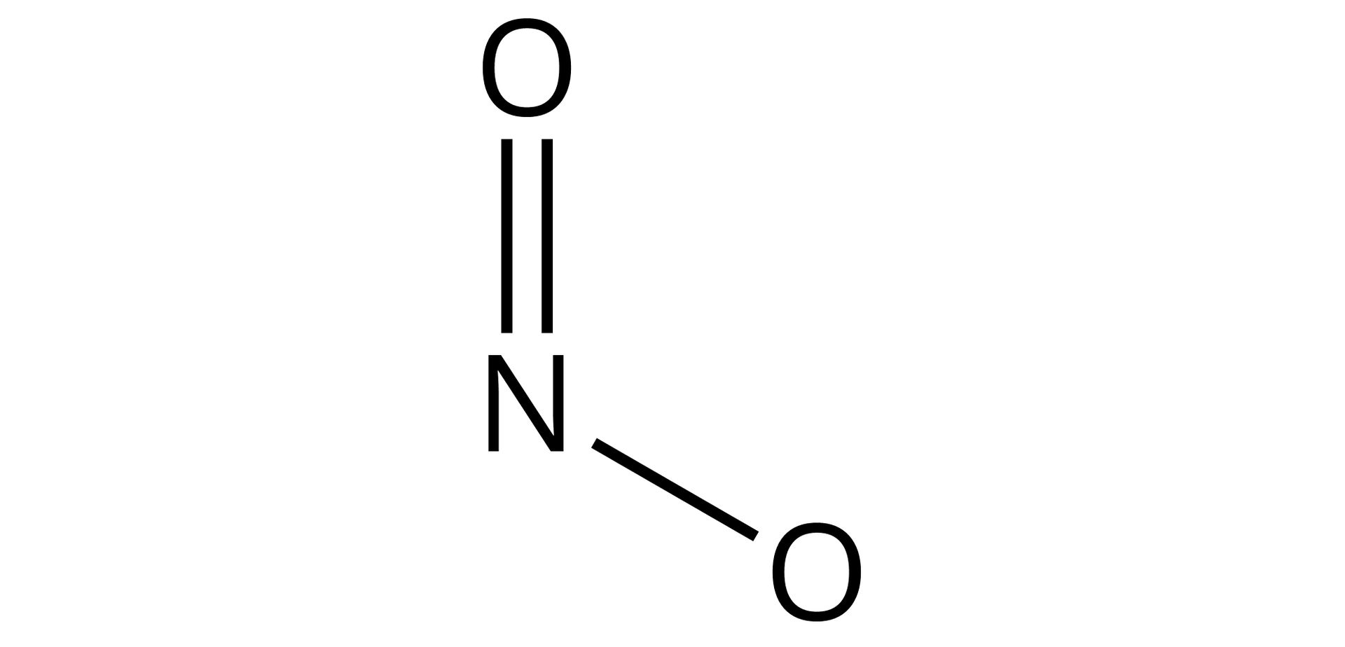 Ilustracja przedstawiająca atom azotu N, od którego odchodzi jedno wiązanie podwójne łączące go z atomem tlenu oraz jedno wiązanie pojedyncze również łączące go z atomem tlenu.